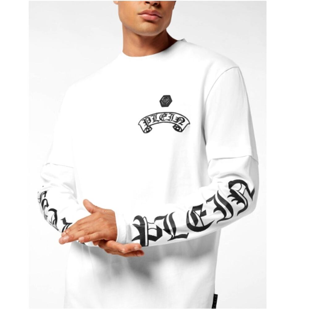 Philipp Plein Men's White Banner Embroidery Double Sleeve T-Shirt Size XXL